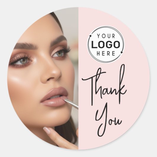 Blush Pink Script Logo Photo Makeup Thank You Ronde Sticker (Voorkant)