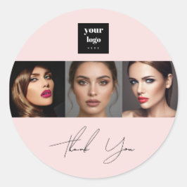 Blush Pink Script Logo Photo Makeup Thank You Ronde Sticker