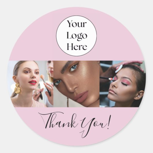 Blush Pink Script Logo Photo Makeup Thank You Ronde Sticker (Voorkant)