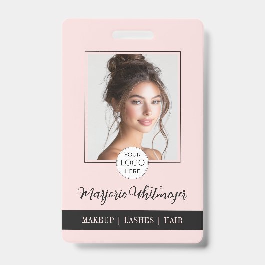 Blush Pink Script Logo Photo QR Code Makeup Badge (Front)