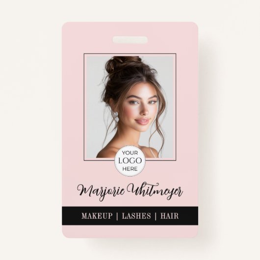 Blush Pink Script Logo Photo QR Code Makeup Badge (Voorkant)