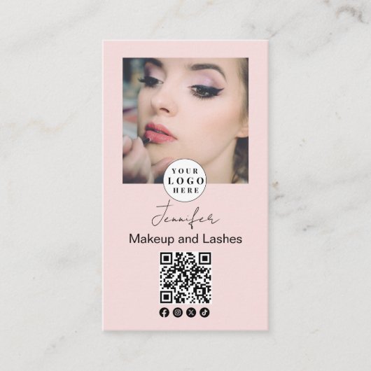Blush Pink Script Logo QR Code Fotomake-up Visitekaartje (Voorkant)