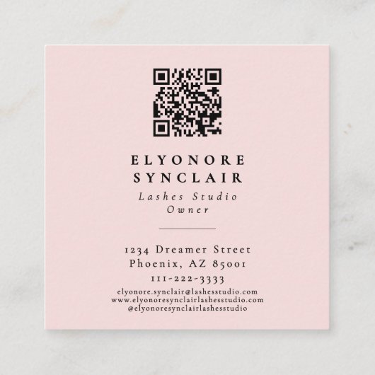 Blush Pink Script Logo QR Code Lashes Vierkante Visitekaartje (Achterkant)