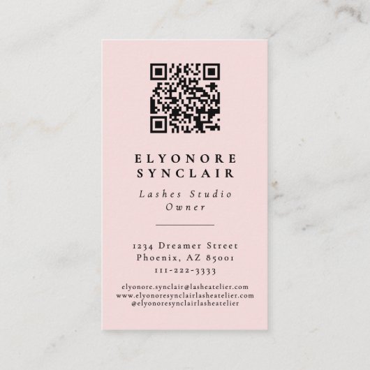 Blush Pink Script Logo QR Code Lashes  Visitekaartje (Achterkant)