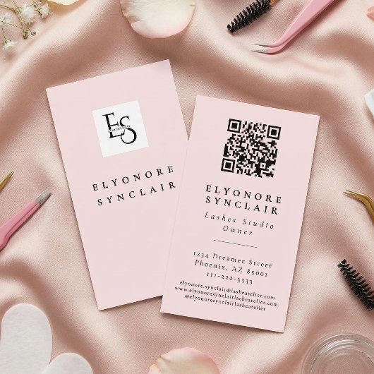Blush Pink Script Logo QR Code Lashes  Visitekaartje