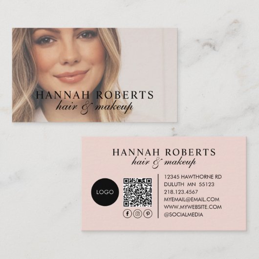 Blush Pink Script Logo QR Code Photo Business Card Visitekaartje (Voorkant / Achterkant)