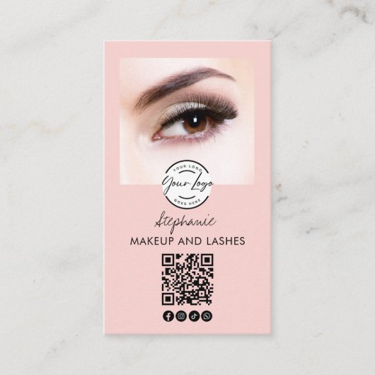 Blush Pink Script Logo QR Code Photo Lashes Studio Visitekaartje (Voorkant)