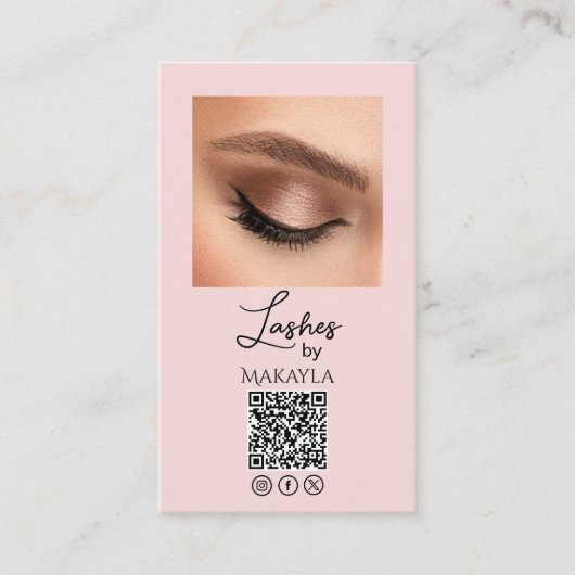 Blush Pink Script Logo QR Code Photo Lashes Visitekaartje (Voorkant)