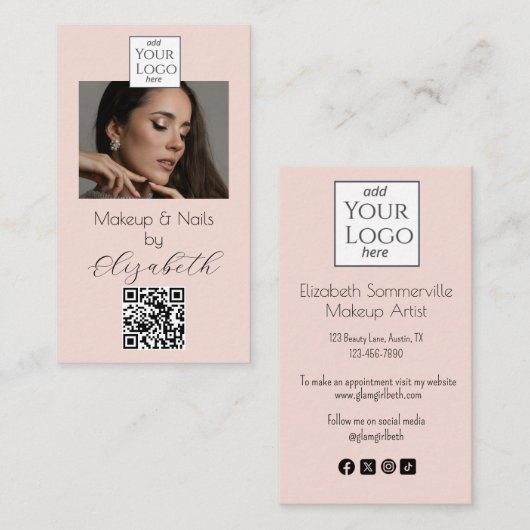 Blush Pink Script Logo QR Code Photo Makeup  Busin Visitekaartje (Voorkant / Achterkant)