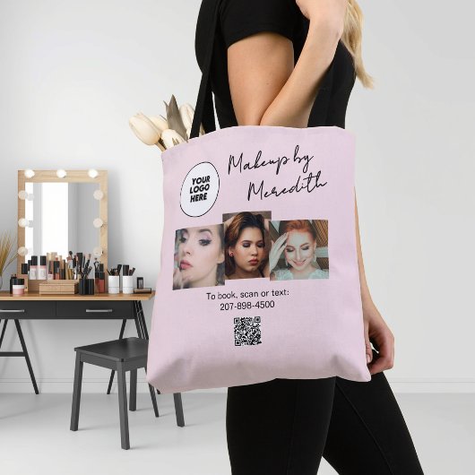 Blush Pink Script Logo QR Code Photo Makeup Tote Bag