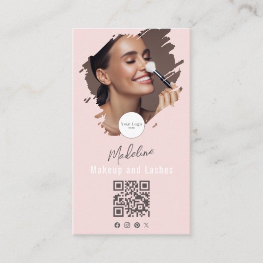 Blush Pink Script Logo QR Code Photo Makeup Visitekaartje (Voorkant)