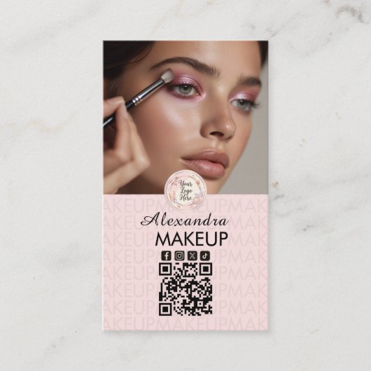 Blush Pink Script Logo QR Code Photo Makeup Visitekaartje (Voorkant)