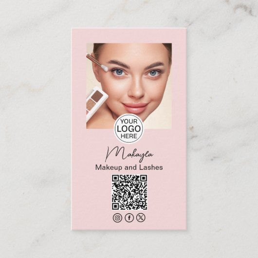 Blush Pink Script Logo QR Code Photo Makeup Visitekaartje (Voorkant)