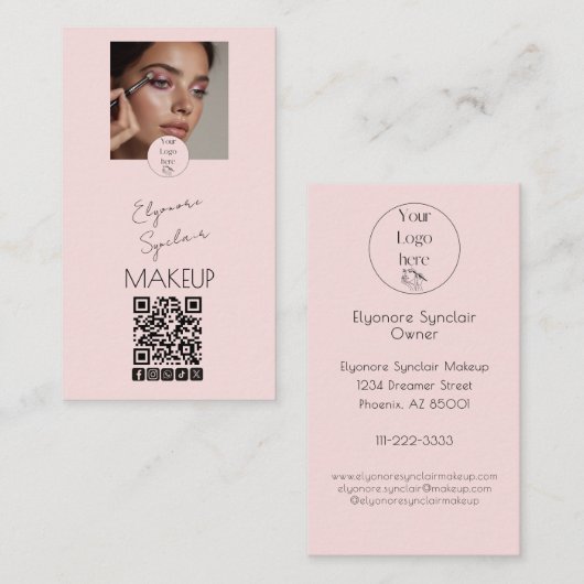 Blush Pink Script Logo QR Code Photo Makeup Visitekaartje (Voorkant / Achterkant)