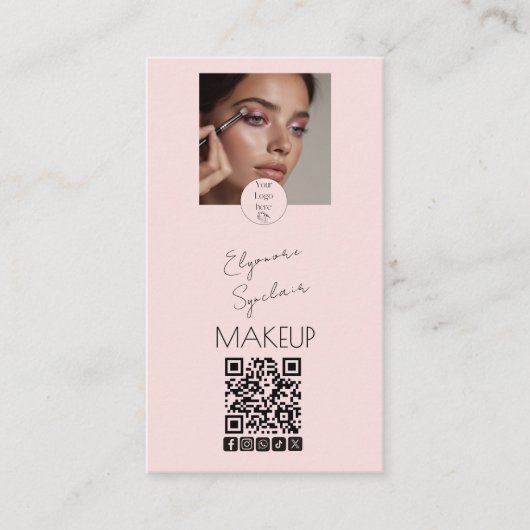 Blush Pink Script Logo QR Code Photo Makeup Visitekaartje (Voorkant)