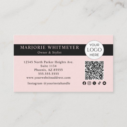 Blush Pink Script Logo QR Code Photo Makeup Visitekaartje (Achterkant)
