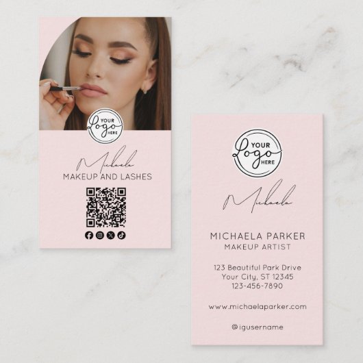 Blush Pink Script Logo QR Code Photo Makeup Visitekaartje (Voorkant / Achterkant)