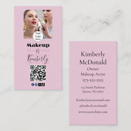 Blush Pink Script Logo QR Code Photo Makeup Visitekaartje (Voorkant / Achterkant)