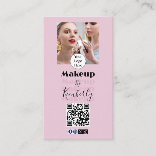 Blush Pink Script Logo QR Code Photo Makeup Visitekaartje (Voorkant)