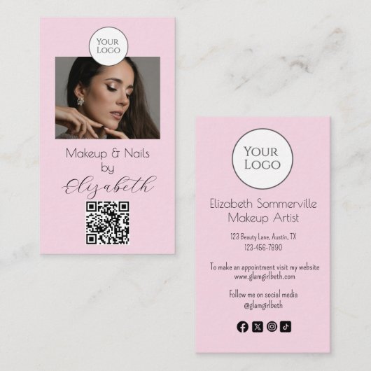 Blush Pink Script Logo QR Code Photo Makeup  Visitekaartje (Voorkant / Achterkant)