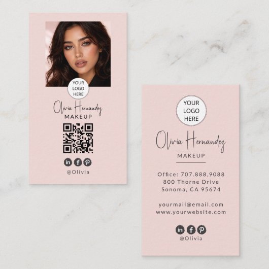 Blush Pink Script Logo QR Code Photo Makeup Visitekaartje (Voorkant / Achterkant)