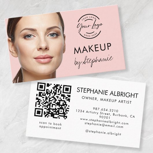Blush Pink Script Logo QR Code Photo Makeup Visitekaartje