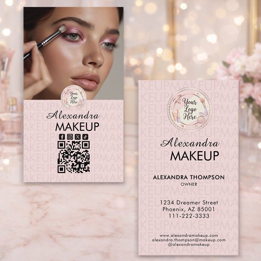 Blush Pink Script Logo QR Code Photo Makeup Visitekaartje