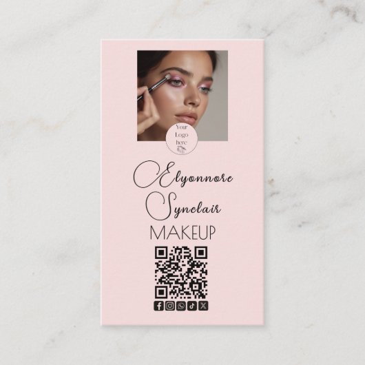Blush Pink Script Logo QR Code Photo Makeup Visitekaartje (Voorkant)
