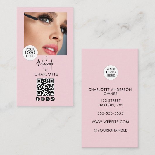 Blush Pink Script Logo QR Code Photo Makeup Visitekaartje (Voorkant / Achterkant)