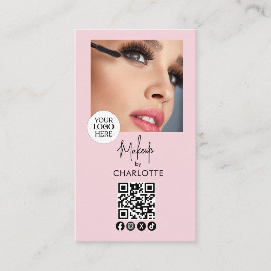 Blush Pink Script Logo QR Code Photo Makeup Visitekaartje (Voorkant)