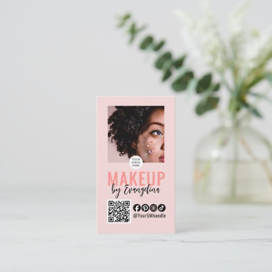 Blush Pink Script Logo QR Code Photo Makeup Visitekaartje (Staand voorkant)