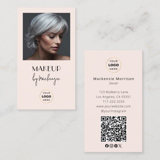 Blush Pink Script Logo QR Code Photo Makeup Visitekaartje (Voorkant / Achterkant)