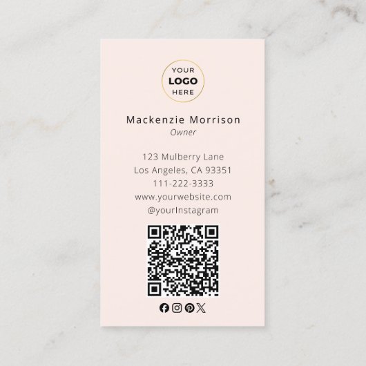 Blush Pink Script Logo QR Code Photo Makeup Visitekaartje (Achterkant)