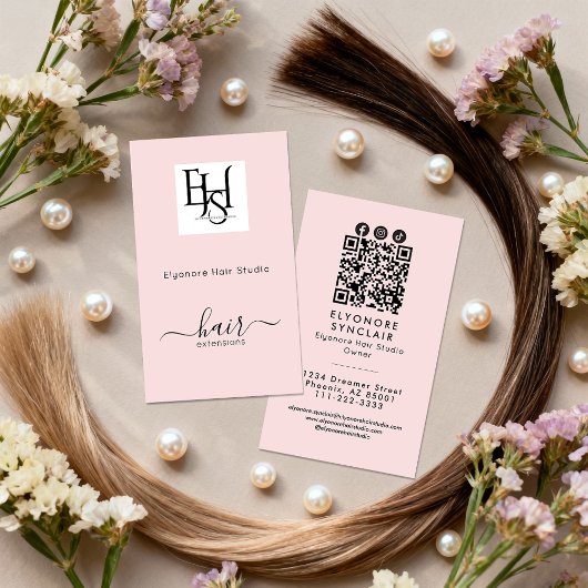 Blush Pink Script Logo QR Social Hair Extension Visitekaartje