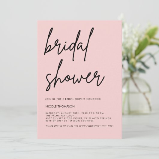 Blush Pink Script Modern Bridal Shower Invitation  Kaart (Staand voorkant)
