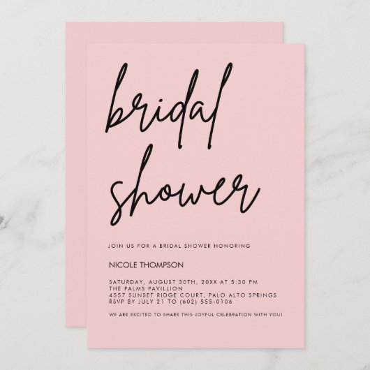 Blush Pink Script Modern Bridal Shower Invitation  Kaart (Voorkant / Achterkant)