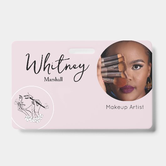 Blush Pink Script Photo Logo Makeup Artist Name  Badge (Voorkant)