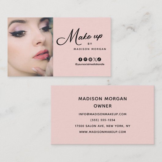Blush Pink Script Photo Makeup Business Card Visitekaartje (Voorkant / Achterkant)