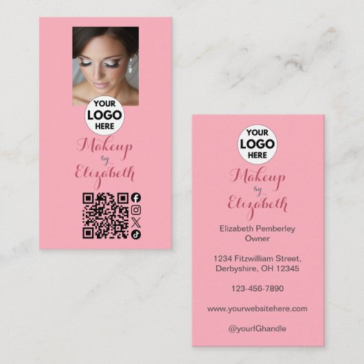 Blush Pink Script Photo Makeup Visitekaartje (Voorkant / Achterkant)