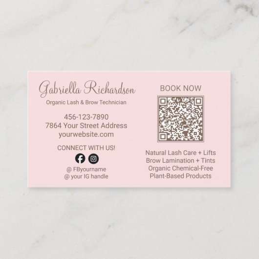 Blush Pink Script Photo QR Code Brows and Lashes Visitekaartje (Achterkant)