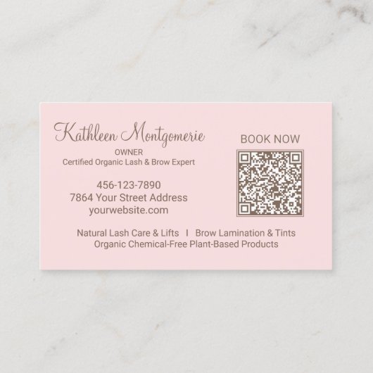 Blush Pink Script Photo QR Code Lashes and Brows Visitekaartje (Achterkant)