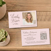 Blush Pink Script Photo QR Code Lashes and Brows Visitekaartje