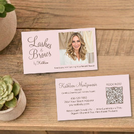 Blush Pink Script Photo QR Code Lashes and Brows Visitekaartje