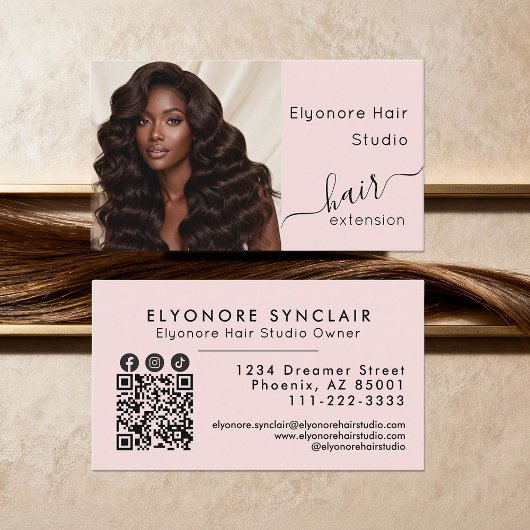 Blush Pink Script Photo QR Social Hair Extension Visitekaartje