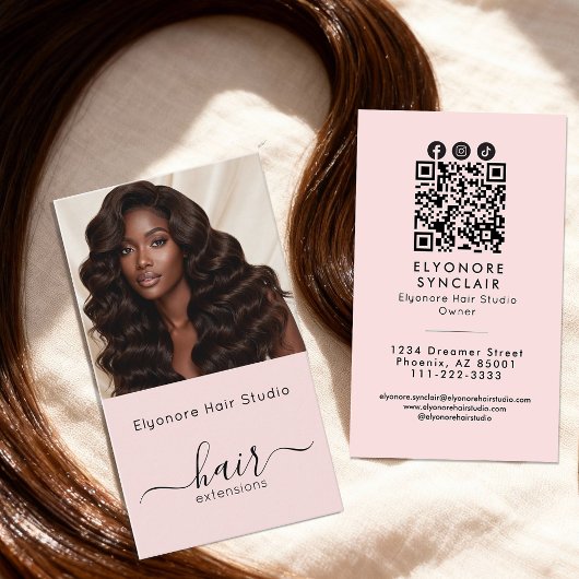 Blush Pink Script Photo QR Social Hair Extension Visitekaartje