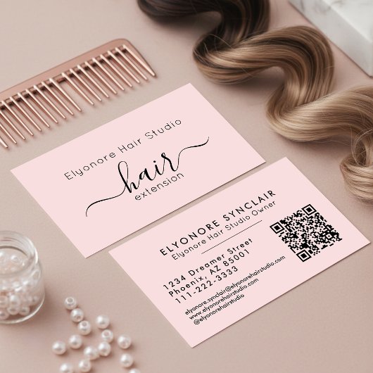 Blush Pink Script QR Code Hair Extension Visitekaartje