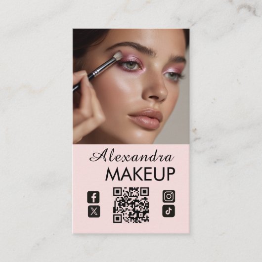 Blush Pink Script QR Code Photo Makeup Visitekaartje (Voorkant)
