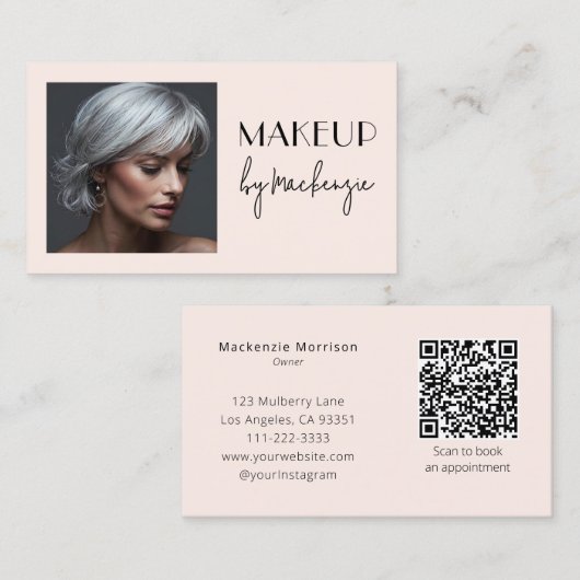 Blush Pink Script QR Code Photo Makeup Visitekaartje (Voorkant / Achterkant)