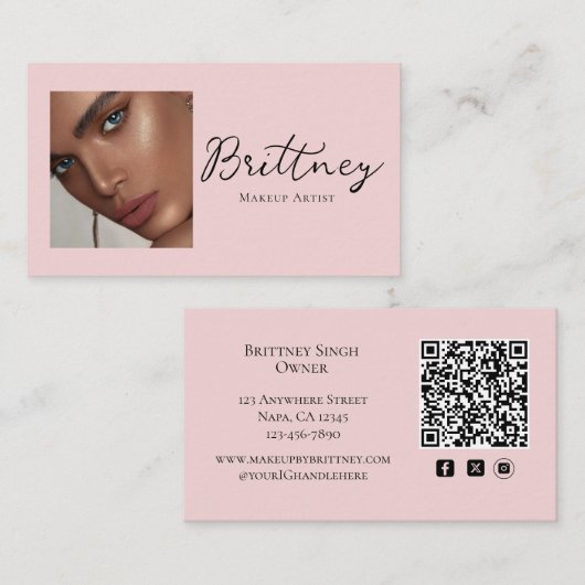 Blush Pink Script QR Code Photo Makeup Visitekaartje (Voorkant / Achterkant)
