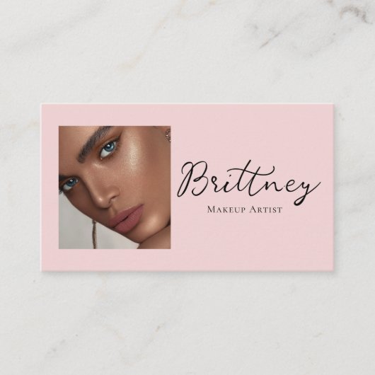 Blush Pink Script QR Code Photo Makeup Visitekaartje (Voorkant)